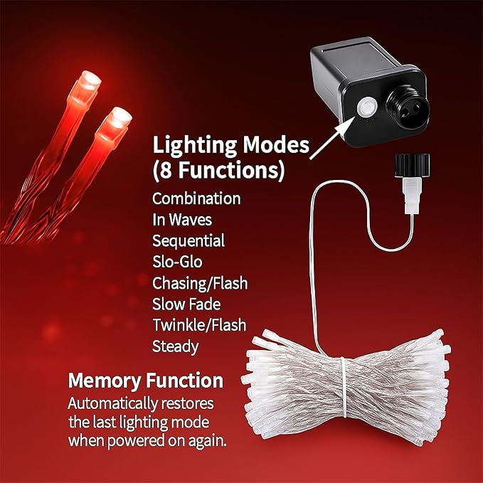 100 LED Red String Lights 33ft, Plug in Fairy Lights with 8 Lighting Modes, Indoor Outdoor Waterproof Decorative | Lumora