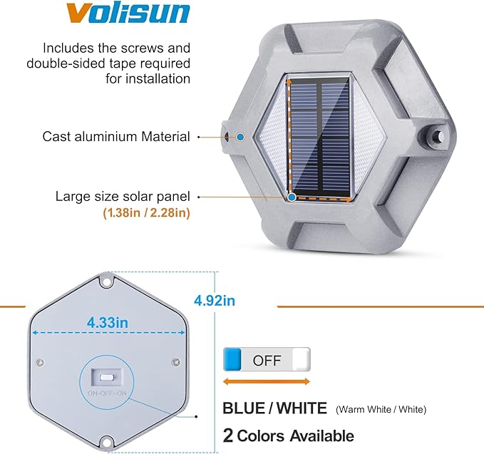 VOLISUN Solar Dock Lights - 16-Pack Waterproof Outdoor LED Aluminum Warning Step Lights for Driveway (Warm White & White, 2 Colors in 1), Auto On/Off