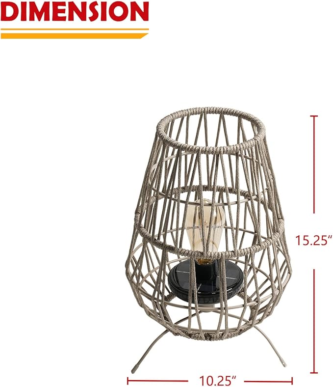 Solar Yard Decorative Solar Outdoor Tabletop Lights - 2 Pack, 15-inch Patio, Porch, and Garden Decor with LED Edison Bulbs in Water Resistant Resin & Polyester Cord Woven Design - Taupe Brown