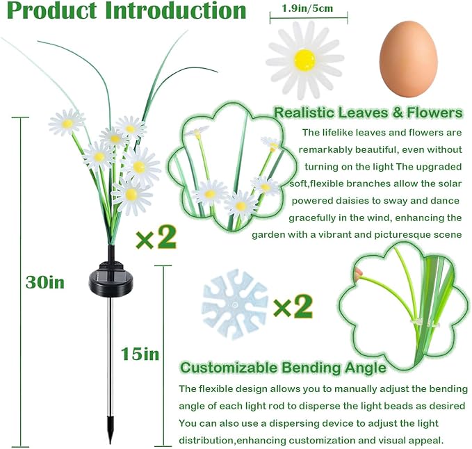 Solar Outdoor Lights (2-Pack, 12 LEDs), Solar Garden Lighting, Outdoor Decorations, Daisy Light for Backyard Porch Balcony Party Decor, Unique Gifts (Warm White)