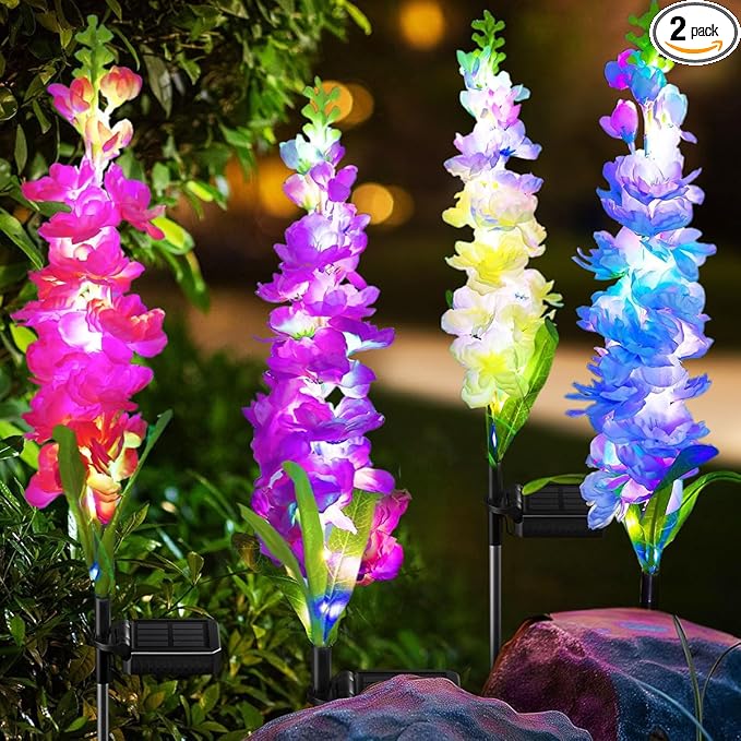 Delphinium Solar Flower Lights, 4 Pack Solar Garden Lights with 36 LEDs, Waterproof Solar Outdoor Lights for Yard Patio Lawn Decor