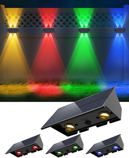 RGB Up & Down Solar Deck Lights 4 Pack + 4 Pack Solar Motion Lights, Wall Mount for Yard Patio Step Stairs Rail, Decor for Halloween Christmas