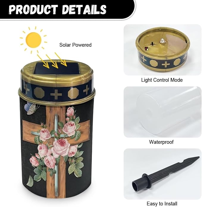 HUGS IDEA Cross Solar Lights for Graves Pink Rose Angel Garden Ornaments Waterproof Romantic Memorial Decorations Cemetery Garden Lighting for Religious Sites