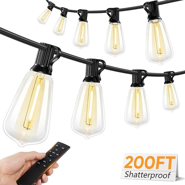 Brightever Outdoor String Lights with Remote, 200FT LED Patio Lights with 62 ST38 Shatterproof Vintage Bulbs | Lumora