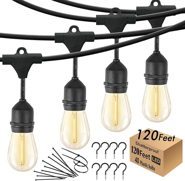 120 FT Outdoor String Lights LED Waterproof with 40 Shatterproof Plastic Warm Edison Bulbs String Bistro Lights for | Lumora