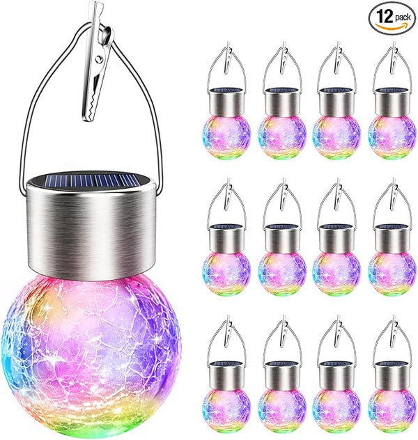 Solar Hanging Lanterns Outdoor: 12 Pack Cracked Glass Ball Lights with Hook - Waterproof Color Changing Globe | Lumora