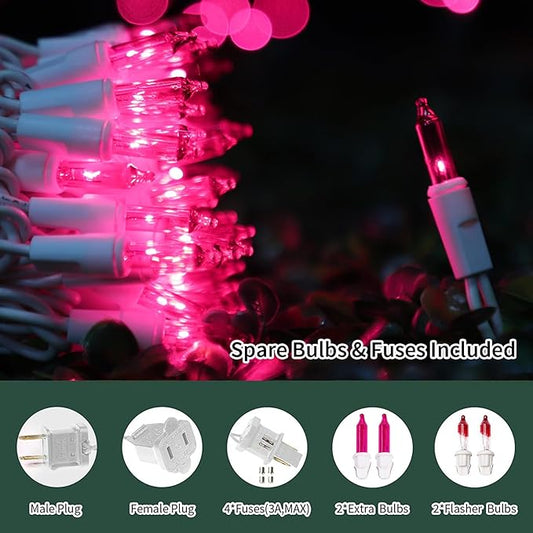 LAMPHOME Christmas String Light,100 Count Incandescent Mini String Light in 19.6ft,Indoor/Outdoor 120V UL Certified Mini Light for Christmas,Wedding,Patio Lawn,Home,Garden,Party (Pink)
