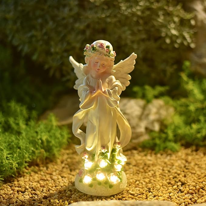 Solar Garden Statues Lights, Guardian Angel Figurines Light with Flower, Resin Praying Angel Figurine Lights Landscape Light, Outdoor Decor Garden Figurine for Patio Balcony Yard Lawn (White Angel)