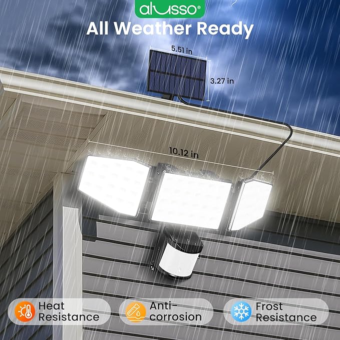 ALUSSO Solar Lights Outdoor with Motion Sensor, 3000-6500K CCT Dimmable 3 Heads Security Light with Remote Control, IP54 Waterproof 3 Modes Flood Lights for Garden Yard Garage