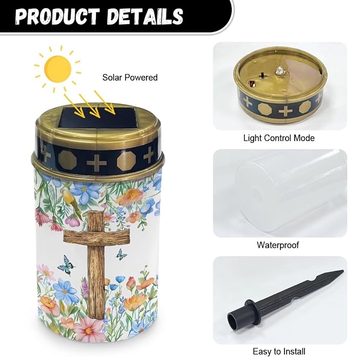 Cross Floral Solar Landscape Lights Outdoor Soft White Solar Cemetery Lights for Grave Solar Cemetery Lamp Blessed Candles for Home Memorial Decoration,Yard Path Stake Lights