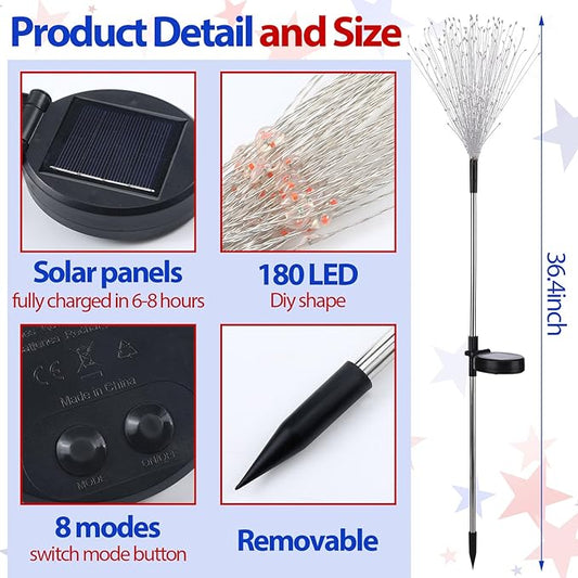 4th of July Decorations Outdoor 4 Pack Colored Solar Firework Lights with 180 LED Patriotic Solar Lights 8 Lighting Modes for Yard Pathway Garden Patio Party Decorations(Red, White, Blue)