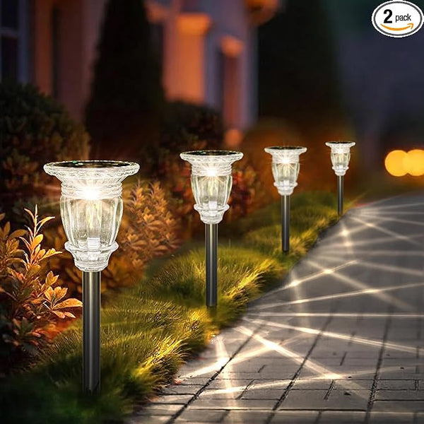 Solar Pathway Lights Outdoor 2 Pack, 3 Lighting Modes Glass and Stainless Steel White Solar Garden lights, 17.3" | Lumora