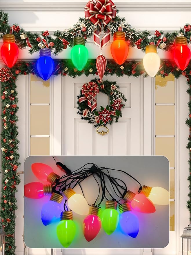 SUNSGNE Jumbo Christmas Lights, 16FT Large Christmas Lights with 10 Count 5'' LED Giant Multicolor Bulbs, C7 Big Bulb Vintage Christmas Light for Holiday Home Tree Roof Yard Garden Decor, Green Wire