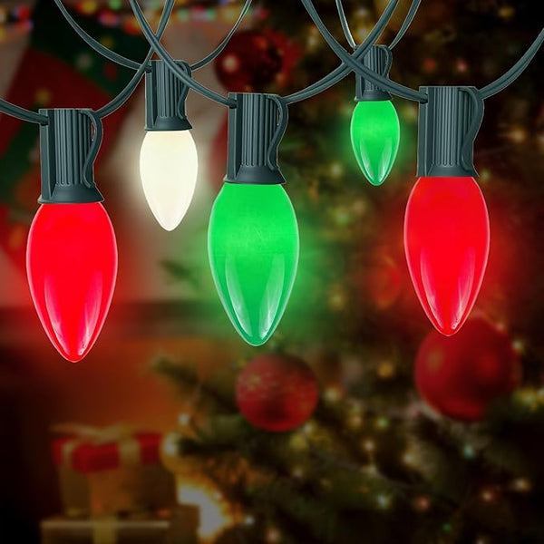 25Ft C9 LED Christmas Lights Outdoor Indoor, Multicolor Red Green White Vintage String Lights, Connectable Holiday | Lumora