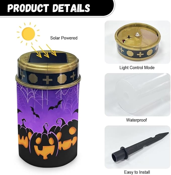 Garden Solar Light, Halloween Pumpkin Grave Solar Lights for Cemetery, Waterproof, Solar Powered, Easy to Install, Decorate Lawn, Patio, Fence, Backyard