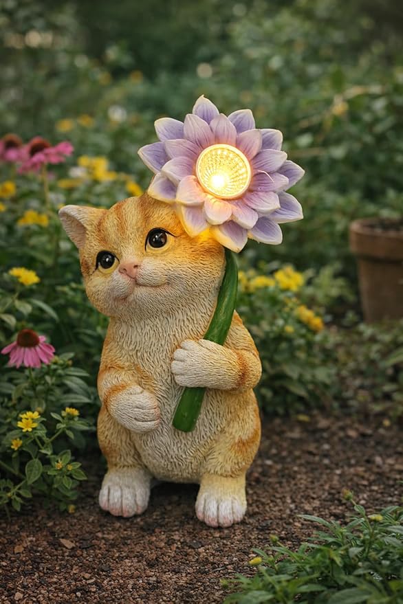 Solar Cat Garden Statue with LED Flower for Mom Woman โ 6.5โโ Hand-Painted Resin Outdoor Kitten Figurine, Automatic Night Light, Yard Patio Lawn Decor (Kitten)