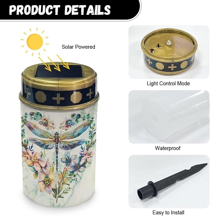 Dragonfly Heart Solar Lights for Cemetery Grave Solar Lights for Cemetery Memorial Stake Solar Lights Waterproof Outdoor Garden Cemetery Decorations