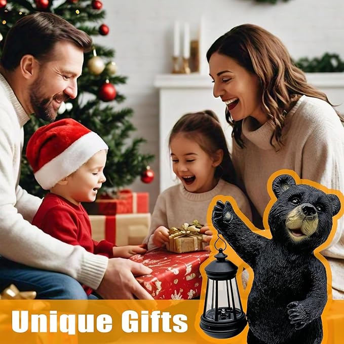 Solar Black Bear Garden Statue with LED Lantern - 14'' Outdoor Resin Animal Sculpture, Auto-On/Off Solar-Powered Waterproof Lawn Decor, 10-12H Long-Lasting Lighting for Patio/Yard/Porch