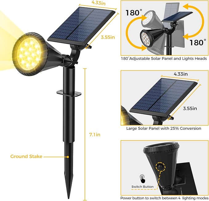 Solar Spot Lights Outdoor, 4 Modes/1 Pack Solar Spotlights Waterproof, 180° Adjustable Powered Landscape Lights | Lumora