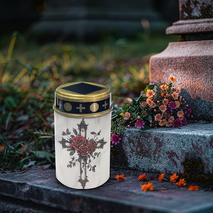 Solar Cross for Cemetery Grave Rose Grave Decorations for Cemetery Waterproof Dusk to Dawn Sensor Solar Grave Lamp for Cemetery Bereavement Gifts