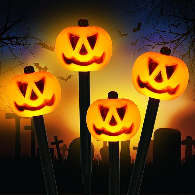 Halloween Decorations Outdoor 4 Sets Solar Pumpkin Pathway Lights for Outside 7 Lighting Modes IP65 Waterproof for Yard Garden Pathway and Walkway