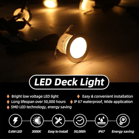 Recessed LED Deck Light Kits 16 Pack, IP67 Waterproof Outdoor Landscape In-ground Lighting, 12V Low Voltage Deck Lighting for Garden,Yard,Patio,Step,Stair,Floor Decoration.