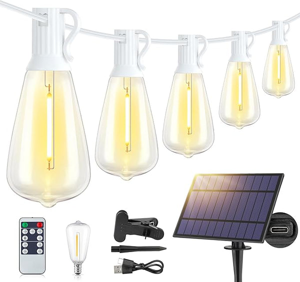48FT Solar Outdoor String Lights with Remote & Timer, Shatterproof Dimmable 3 Modes Patio Lights with 15+1 ST38 LED | Lumora