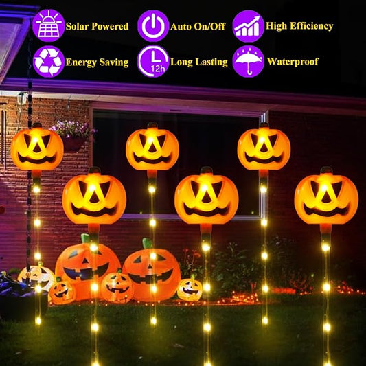 6 Pack Solar Pumpkin Garden Pathway Stake Lights Outdoor Halloween Decorations,8 Modes Solar Pumpkin Lights for Outside Waterproof Lighted Scary Jack o Lantern for Patio Yard Lawn Grave Decor