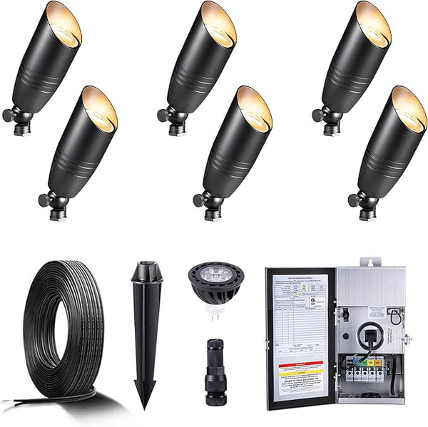 Gardenreet Black Brass Low Voltage Landscape Spotlights(6-Pack) Kit 12V LED with Low Voltage Transformer 150W & | Lumora