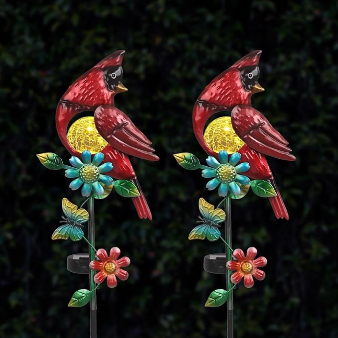 Caridnal Decor Solar Garden Stakes Outdoor Decorative Waterproof 2 Pack Metal Garden Sculpture Cardinal Solar Lights for Outside Lawn Yard Patio Cemetery Red Bird Gardening Gifts for Women