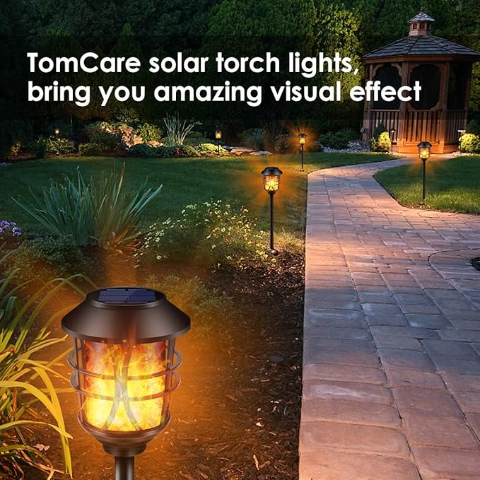 TomCare Solar Outdoor Lights Metal Flickering Flame Torches Waterproof Heavy Duty Pathway Landscape Lighting Dusk to Dawn Auto On/Off for Garden Patio Yard, 4 Pack