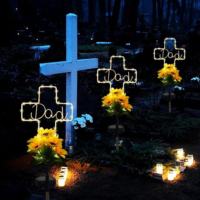 Solar Cross Sunflower Lights for Cemetery Dad, Waterproof Grave Decorations for Cemetery Dad, Sympathy Memorial Gifts for Loss of Dad for Father Day Christmas Memorial Day Grave Decor