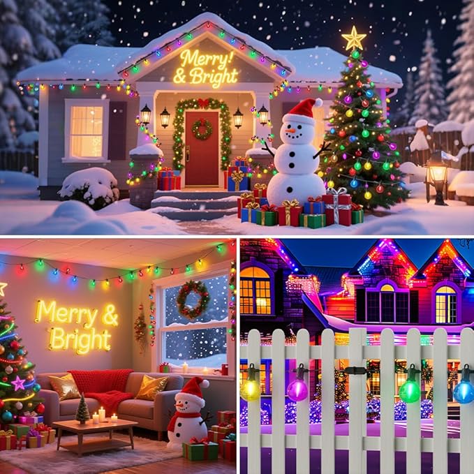 Christmas Outdoor String Lights 50FT, Colored Patio Lights, Shatterproof Dimmable Hanging Light with 25 LED G40 Bulbs Waterproof Outside Light for Xmas Halloween Garden Backyard Yard Bistro Holiday