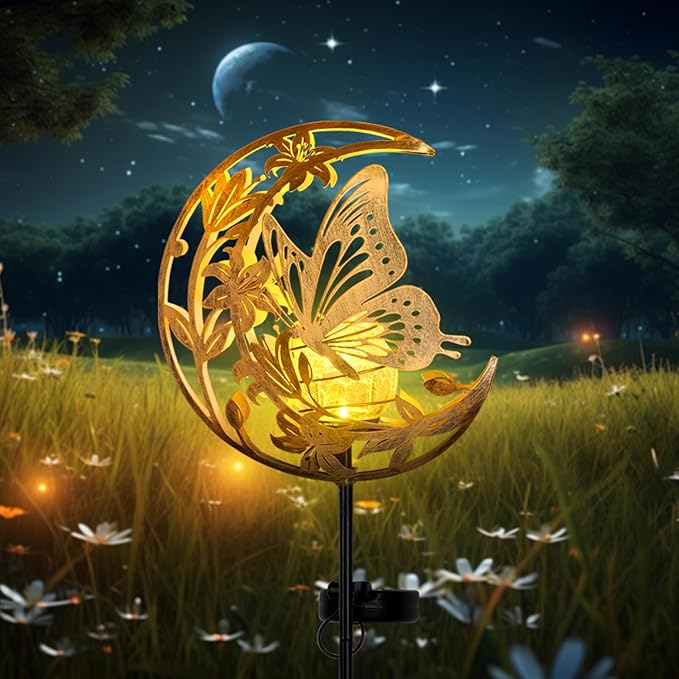 Butterfly Solar Lights Moon Garden Decor, Butterfly Gift for Women, Cracked Glass Ball Solar Lights, Unique Gift Ideas for Gardening Mom Grandma, Outdoor Decorations Patio Yard Lawn Backyard Decor