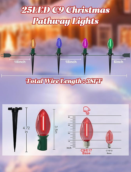 38FT LED C9 Multicolor Christmas Pathway Lights Outdoor,25 Weatherproof LED Christmas Walkway Lights with C9 Multicolor Bulbs and Stakes for Lawn Backyard snowfield Xmas Decorations