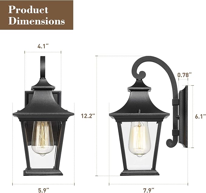 Emliviar Outdoor Wall Lights 2 Pack - Exterior Porch Lights Wall Mount in Black Finish with Clear Glass, XE219B-2PK | Lumora