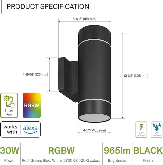 ASD 2 Light Smart RGBW LED Indoor & Outdoor Wall Light Fixture | 30W 900LM 2700K-6500K 120V Cylinder Up Down Lights | Waterproof Exterior Wall Sconce | Front Door, Porch, Patio | Black, ETL 2 Pack