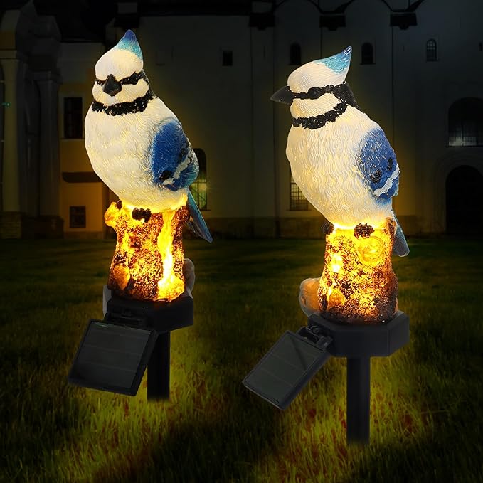 Baquler 2 Pack Blue Jay Solar Lights Blue Jay Outdoor Decor Bluebird Solar Light Bird Figurine Garden Stake for Pathway Garden Lawn Yard Decorations