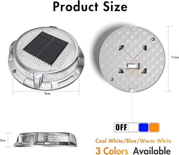 Quntis Solar Deck Lights for Outside, 3 Color Modes Solar Driveway Lights Outdoor IP68 Waterproof, Deck Light for Stair Pathway Walkway Road (Blue/Cool White/Warm White) 8 Pack