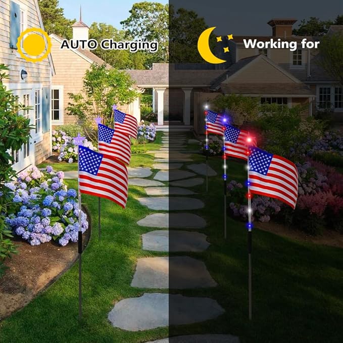 6 Flag Lights 4th of July Decorations 8 Lighting Modes, 6-in-1 American Flag Solar Lights, Memorial Day Decorations with Red White and Blue Lights for Independence Day Path Garden Decor Yard Pathway