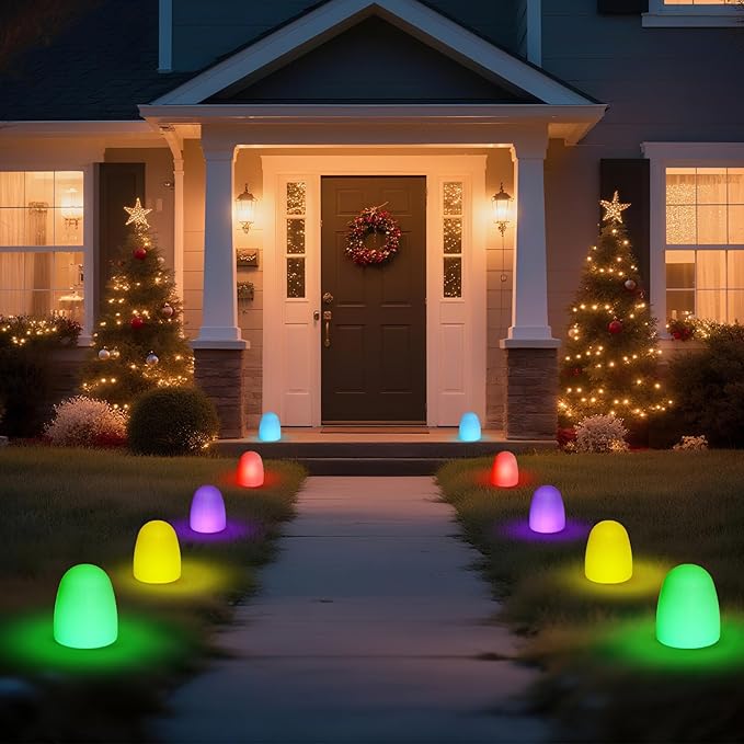 12 Pcs 6'' Gumdrop Christmas Pathway Solar Lights Waterproof 6 in 1 LED Gumdrop Solar Stake Light with 5 Colors for | Lumora