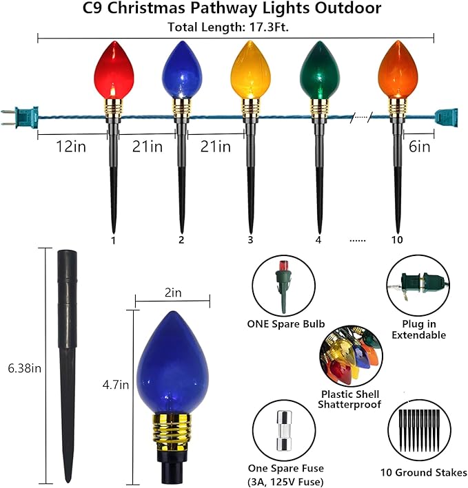 Christmas Pathway Lights Outdoor 17.3Ft 10 LED Mini Colored Bulb Lights and 10 Stakes, Connectable Driveway Christmas Light for Yard Patio Walkway Xmas Outdoor Decorations