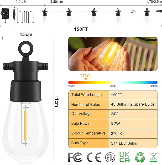150FT Dimmable Outdoor Patio Lights - Remote Control LED String Lights with 43+2 IP65 Waterproof Shatterproof | Lumora