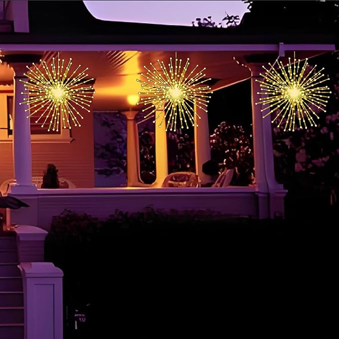 4 Pack Solar Firework Lights, 360 LED 8 Modes Dimmable Waterproof Hanging DIY Starburst Fairy Lights with Timer for Party Garden Indoor Outdoor Decoration (Warm White, 360)