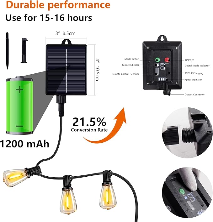 60FT Solar String Lights, Weatherproof Solar Powered Patio Lights, 3 Light Modes with Remote & USB Port, 15 LED Shatterproof Bulbs, Dimmable, Timer for Camping Backyard Cafe,Black