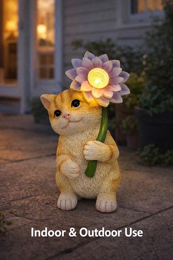 Set of 3 Solar Animal Garden Lights – Resin Bunny, Cat & Dog Figurines with Warm LED Flower, Solar Powered Outdoor Décor for Garden, Patio, Yard, Balcony (Puppy/Kitten/Rabbit)