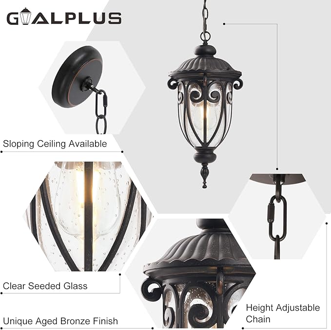 Vintage Bronze Outdoor Pendant Lights for Porch, 20 1/2" High Exterior Hanging Light Fixture with Adjustable Chain, Outside Ceiling Lantern with Seeded Glass for Patio, Entryway