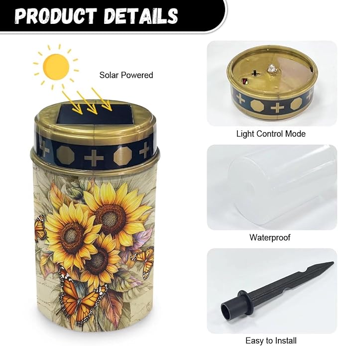 Sunflower Butterfly Solar Powered Cemetery Memorial Light,Cemetery Decorations for Grave,Grave Markers for Cemetery Solar Cemetery Lamp,Solar Grave Light