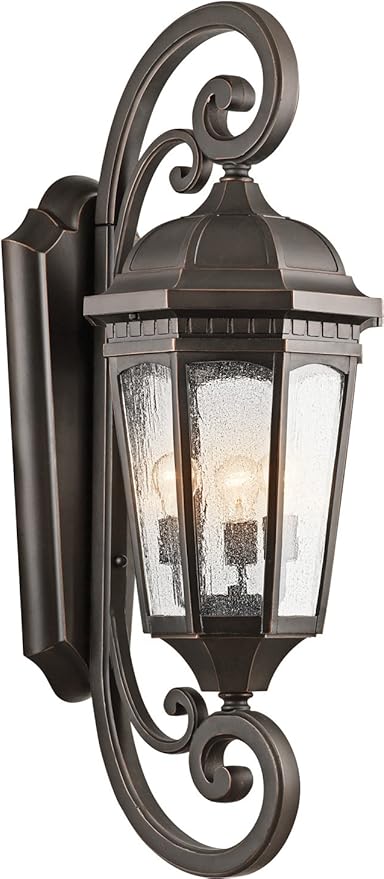 Kichler Courtyard 40.50" 3 Light Outdoor Wall Light with Clear Seeded Glass in Rubbed Bronze | Lumora