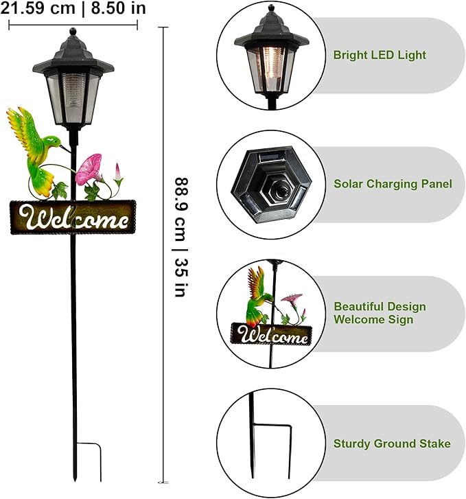 Crosslight Solar LED Hummingbird Welcome Sign - Weatherproof Garden Stake Light for Outdoor Decoration - Decor for Yard, Lawn, Patio, Pathway, Backyard | Warm White